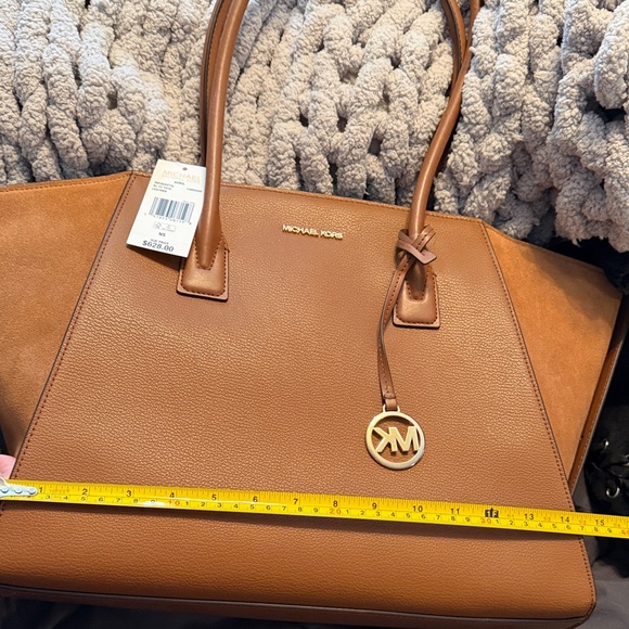 Michael Kors Cognac Leather and Suede Tote with Gold Logo Charm - Picture 4 of 5